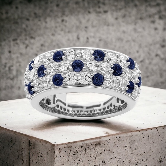 14k White Gold Lab Grown Diamond & blue Sapphire birthstone Dome Ring September - Picture 1 of 7